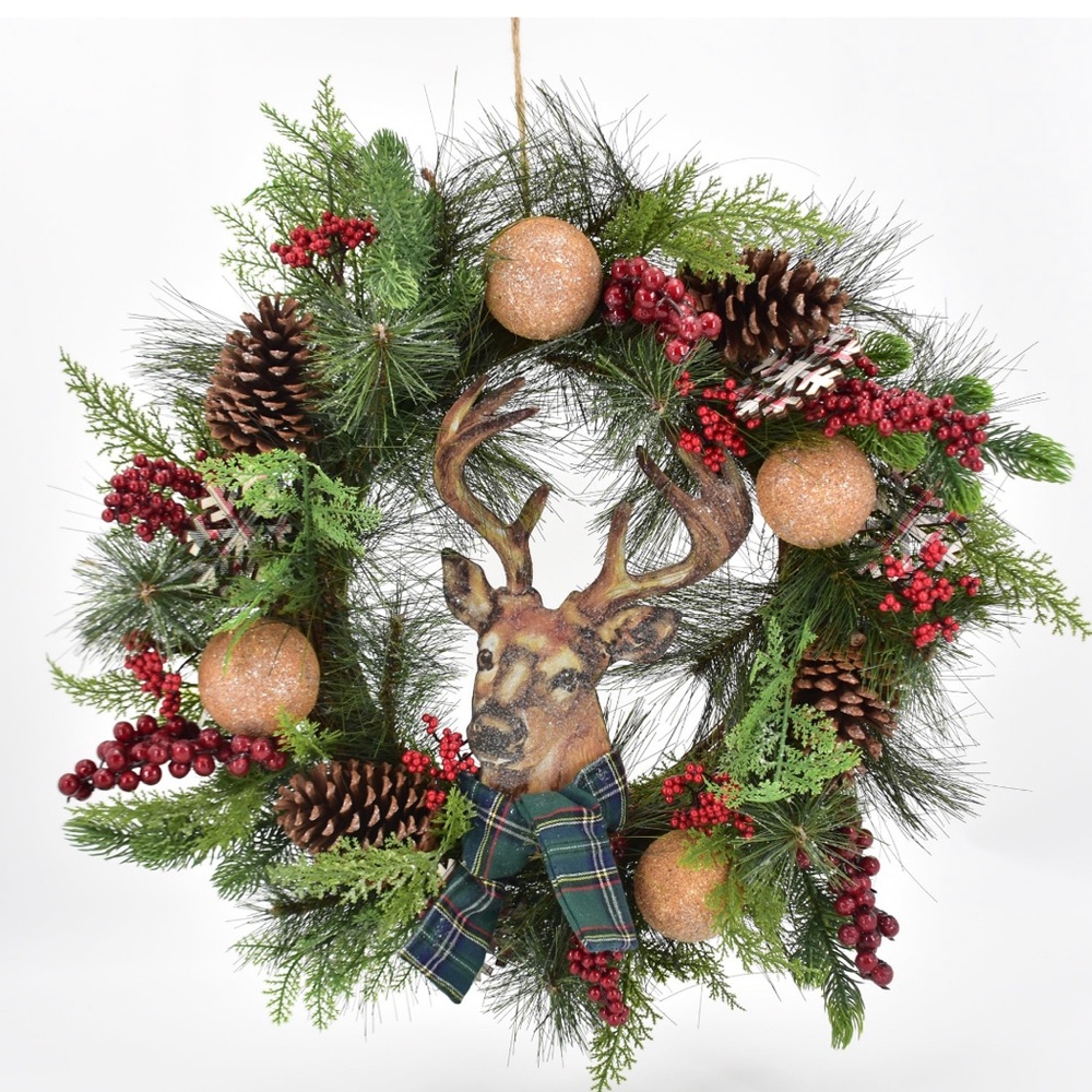 Christmas Deer 27.5” Decorative Evergreen Hanging Wreath NWT